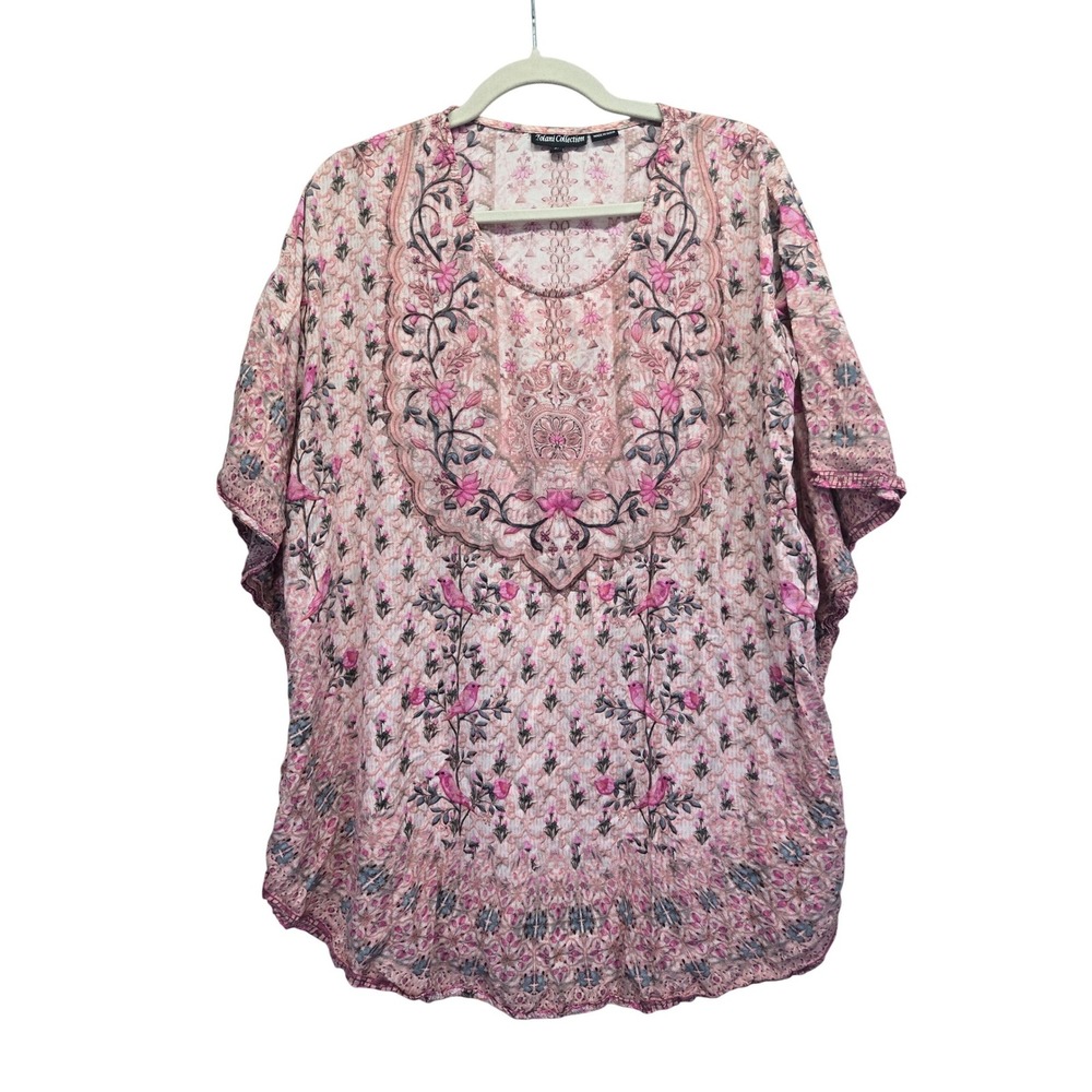 Tolani Collection Pink Bird Floral Modal Kaftan Tunic Top Medium Boho Dolman